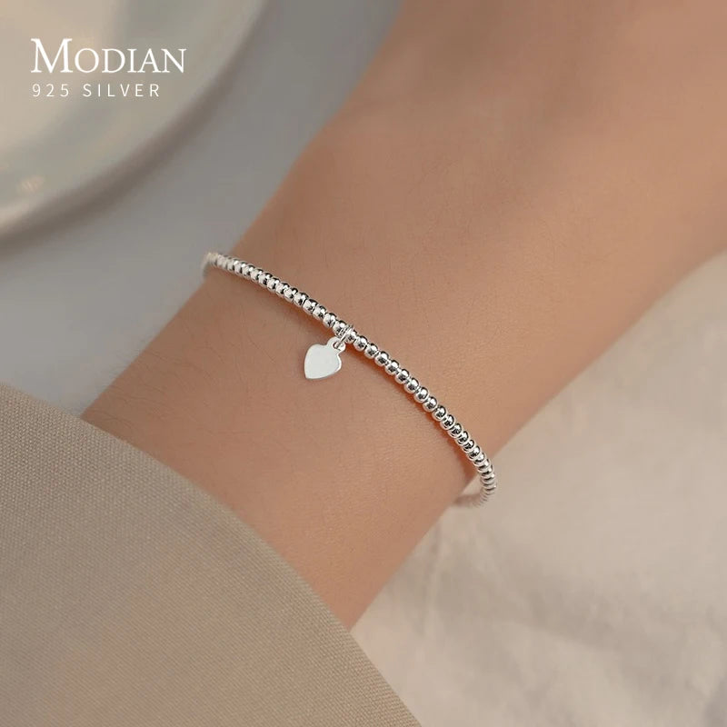 Modian Real 925 Sterling Silver Simple Heart Beads Bracelet for Women Platinum Plated Adjustable Bracelets Party Gift 16+3CM