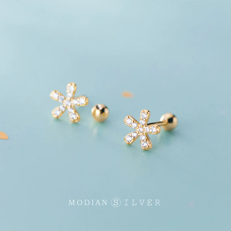 Modian Real Sterling Silver 925 Classic Flower Stud Eearrings for Women Clear CZ Gold Color Ear Pins Studs Fine Charm Jewelry