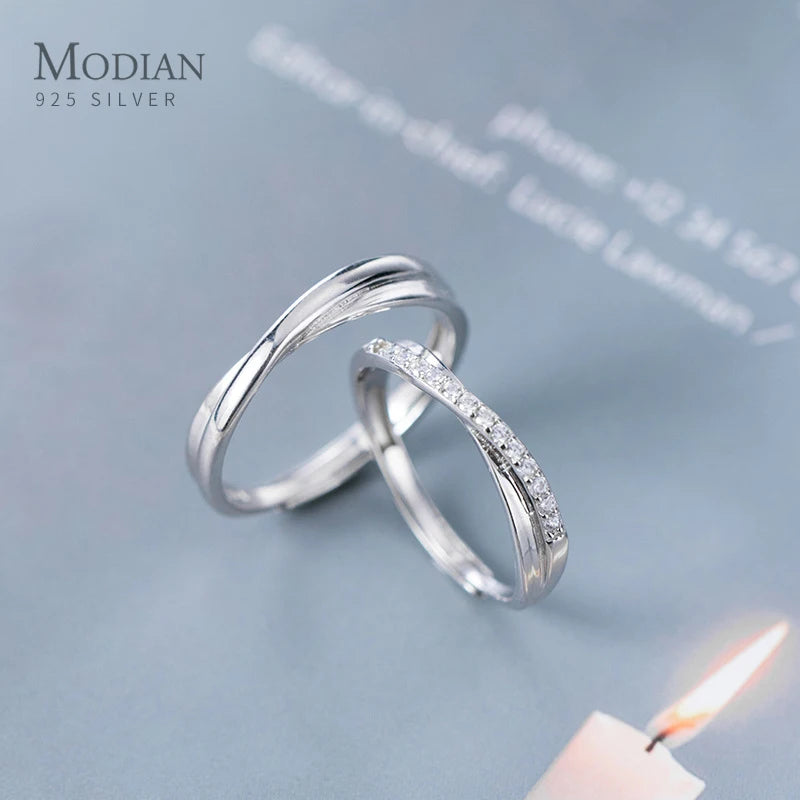 Modian Romantic Engagement Couple Rings for Men and Women 925 Sterling Silver Shiny Clear CZ Glossy Line A Pair Ring Jewelry