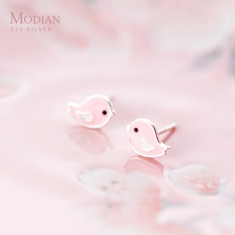 Modian Romantic Lovely Pink Enamel Birds Silver Stud Earrings Tiny 925 Sterling Silver Animal Earring For Women Jewelry