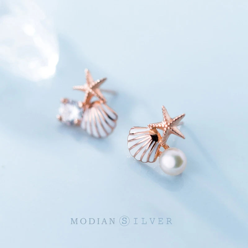 Modian Rose Gold Color Starfish Shell Enamel Stud Earrings for Women 925 Sterling Silver Jewelry Brincos Dropshipping
