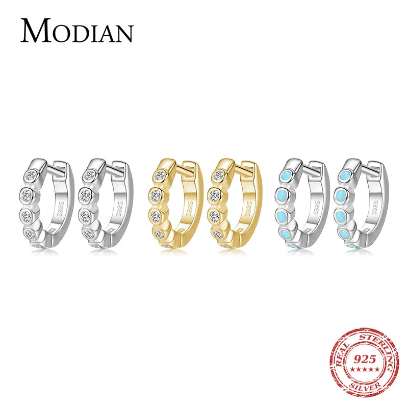Modian Silver Turquoise Tiny Earring Real 925 Sterling Silver Round Clear CZ Hoop Earrings For Women Girl Party Fine Jewelry