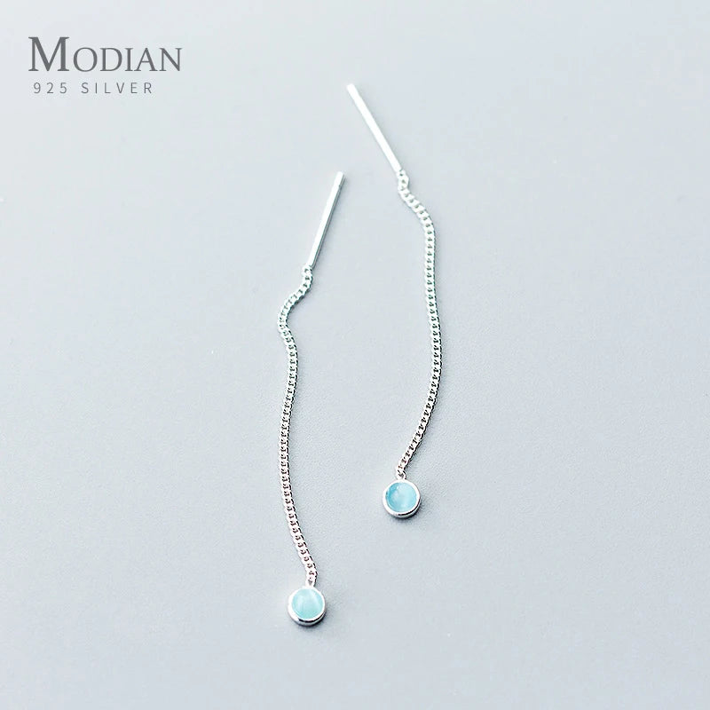 Modian Simple Blue Opal Long Tassel Dangle Earrings Classic 925 Sterling Silver Elegant Jewelry For Women Female Earring