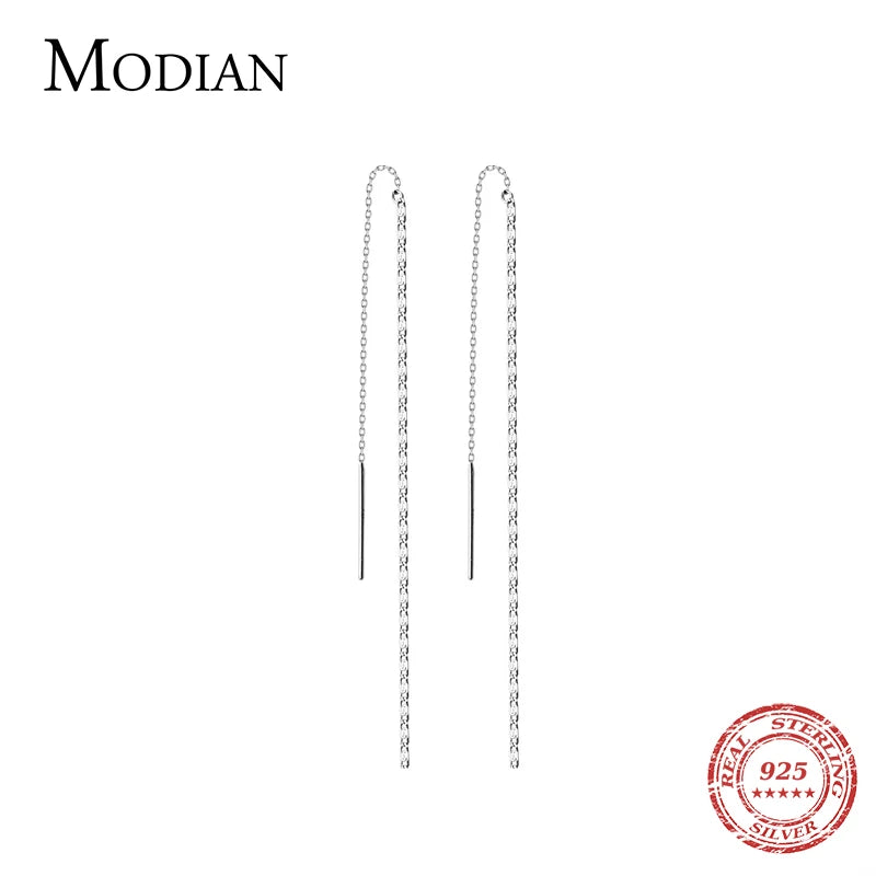 Modian Simple Long Tassel Chain Drop Earrings Charm 925 Sterling Silver Classic Dangle Ear For Women Wedding Jewelry