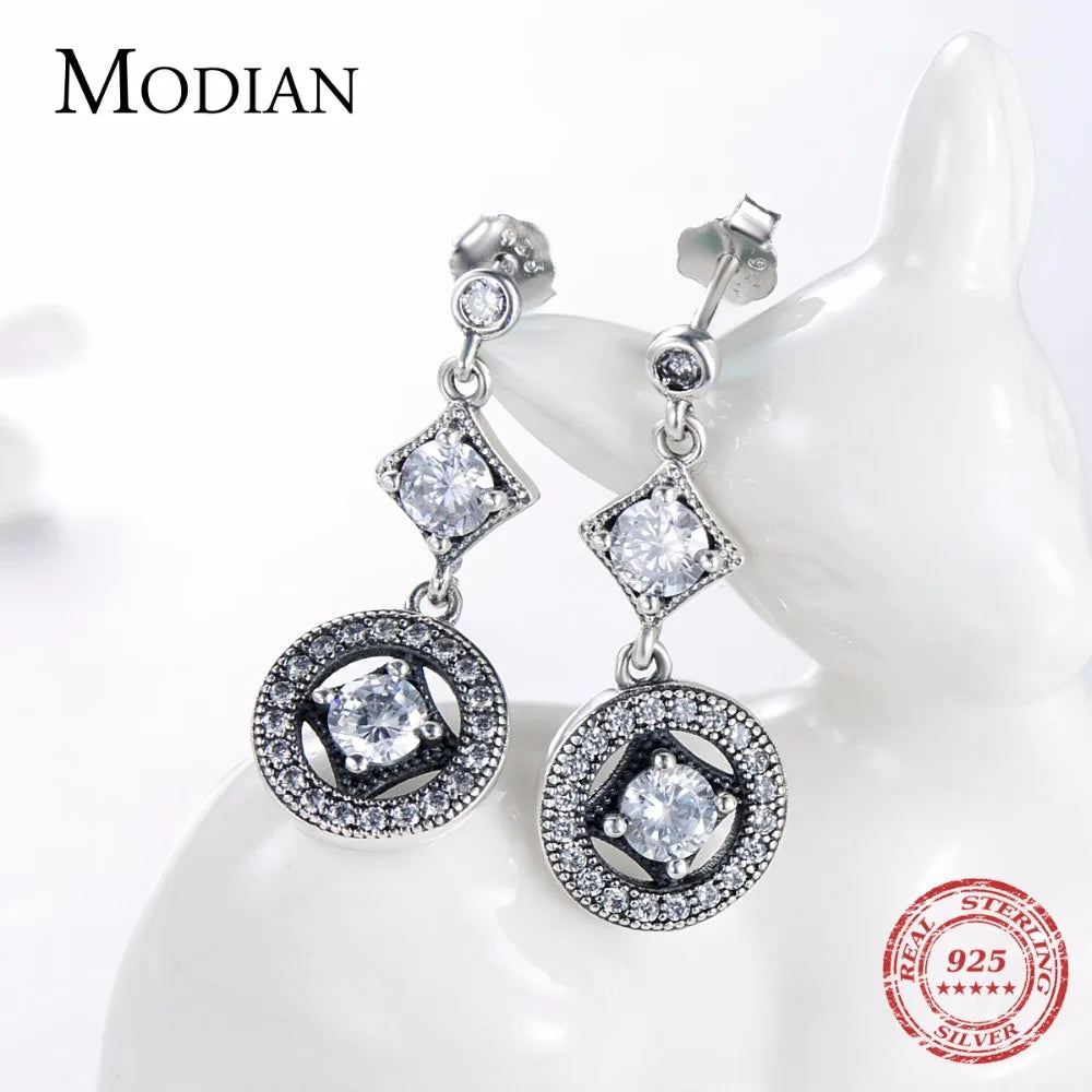 Modian Solid 925 Sterling Silver Classic Drop Earrings Cubic Zirconia VINTAGE Style For Women Date Long Earrings Jewelry