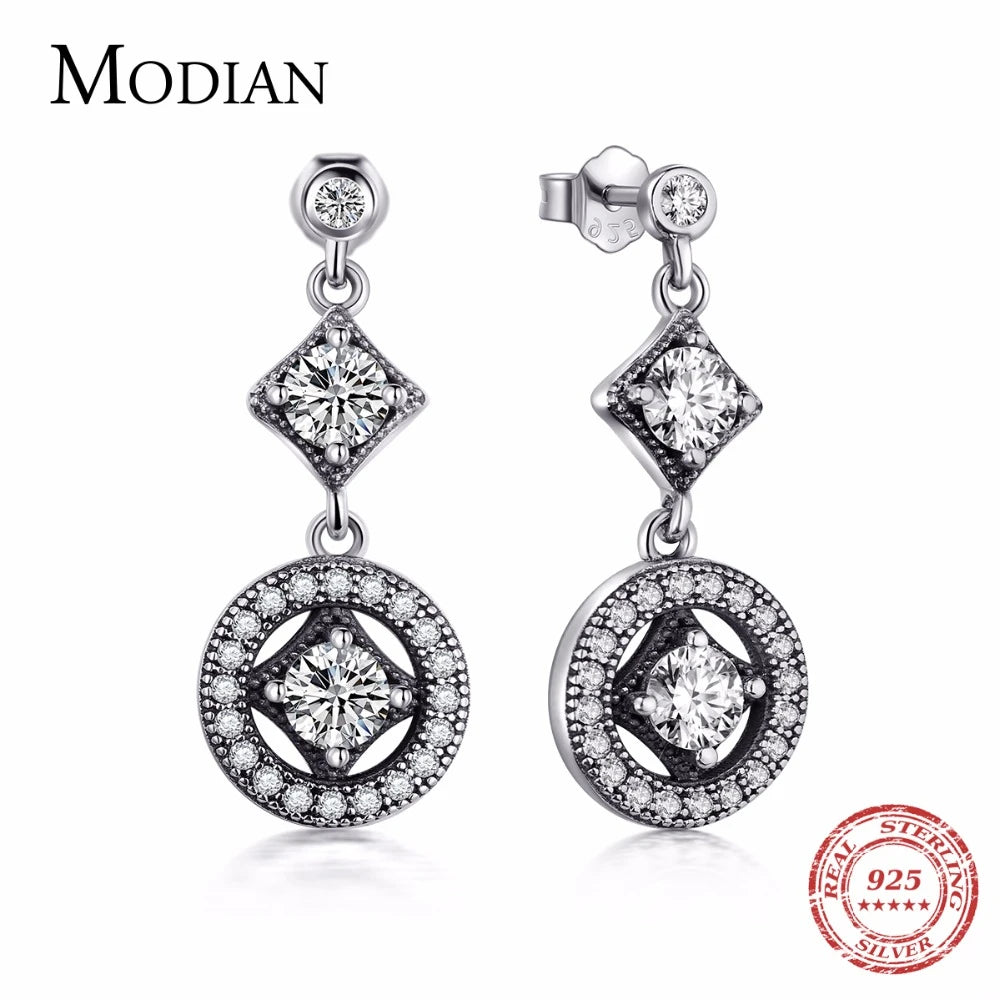 Modian Solid 925 Sterling Silver Classic Drop Earrings Cubic Zirconia VINTAGE Style For Women Date Long Earrings Jewelry