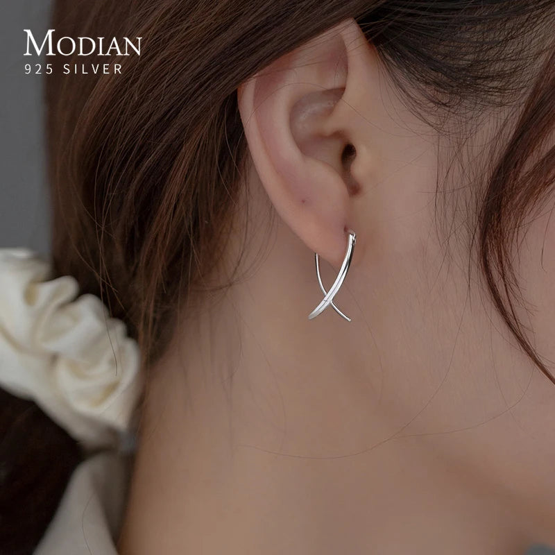 Modian Solid 925 Sterling Silver Simple Abstract Style Ear Buckles for Women Fine Jewelry Summer Party Hoop Earrings Accessories