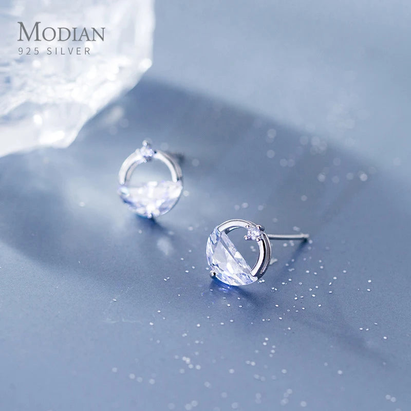 Modian Sparkling Geometric Cubic Zirconia Round Charm Stud Earrings 925 Sterling Silver Luxury Ear For Women Wedding Jewelry