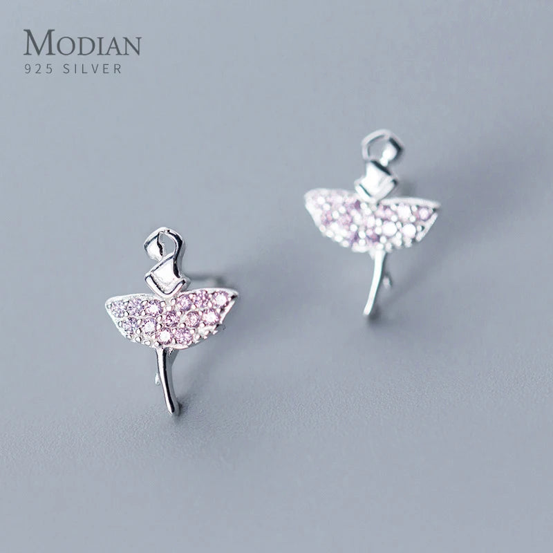 Modian Sparkling Pink AAA Zircon Stud Earrings for Women Elegant Dancer 925 Sterling Silver Europe Fine Jewelry Brincos