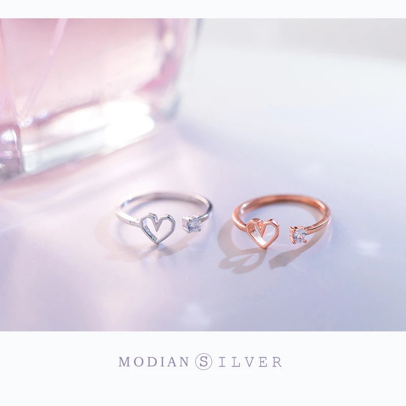 Modian Sparkling Zircon Cute Hearts Free Size Ring for Women Rose Gold Color Sterling Silver 925 Ring Fine Jewelry Girl Gift
