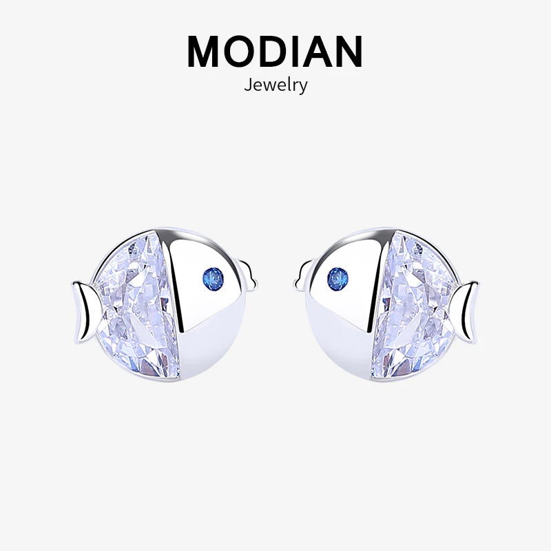 Modian Summer 925 Sterling Silver Clear Zircon Fish Kiss Tiny Stud Earrings For Women Charm Cute Silver Fine Jewelry