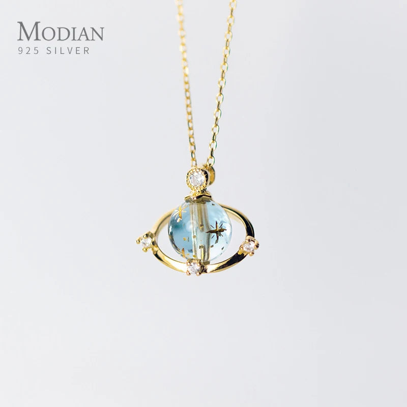 Modian Trendy Blue Crystal Planet Pendant Necklace for Women 100% 925 Sterling Silver  Link Chain Necklace Fine Jewelry