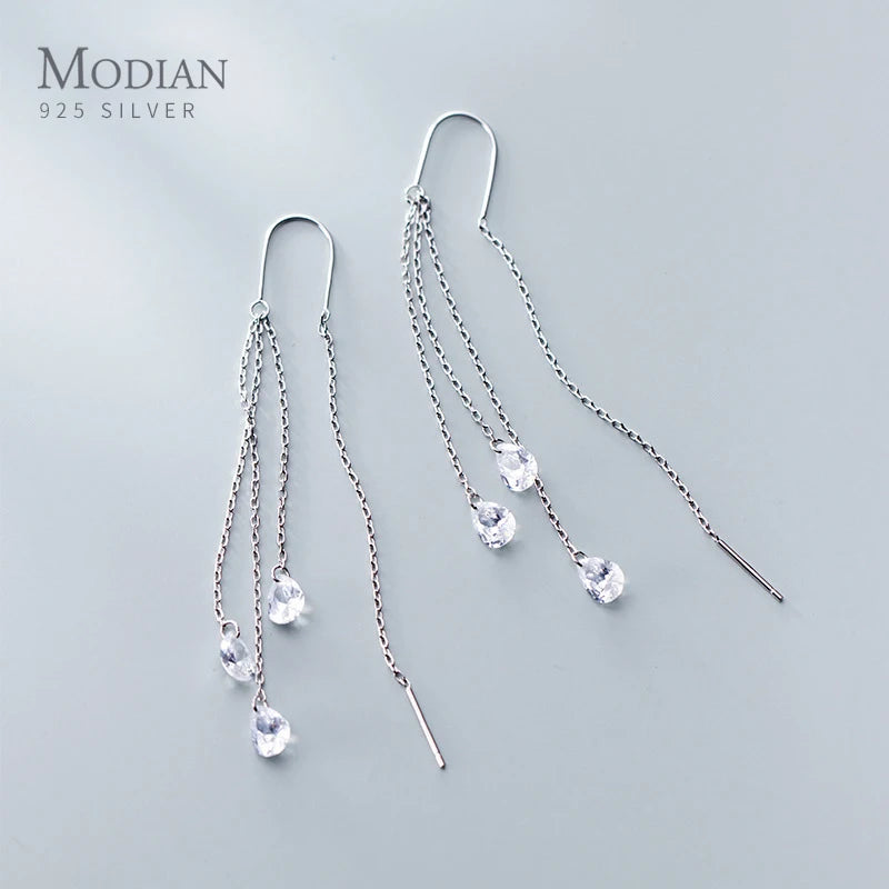 Modian Trendy Wedding Earring for Women 925 Sterling Silver Dazzling CZ Long Chain Tassel Water Drop Dangle Earring Fine Jewelry