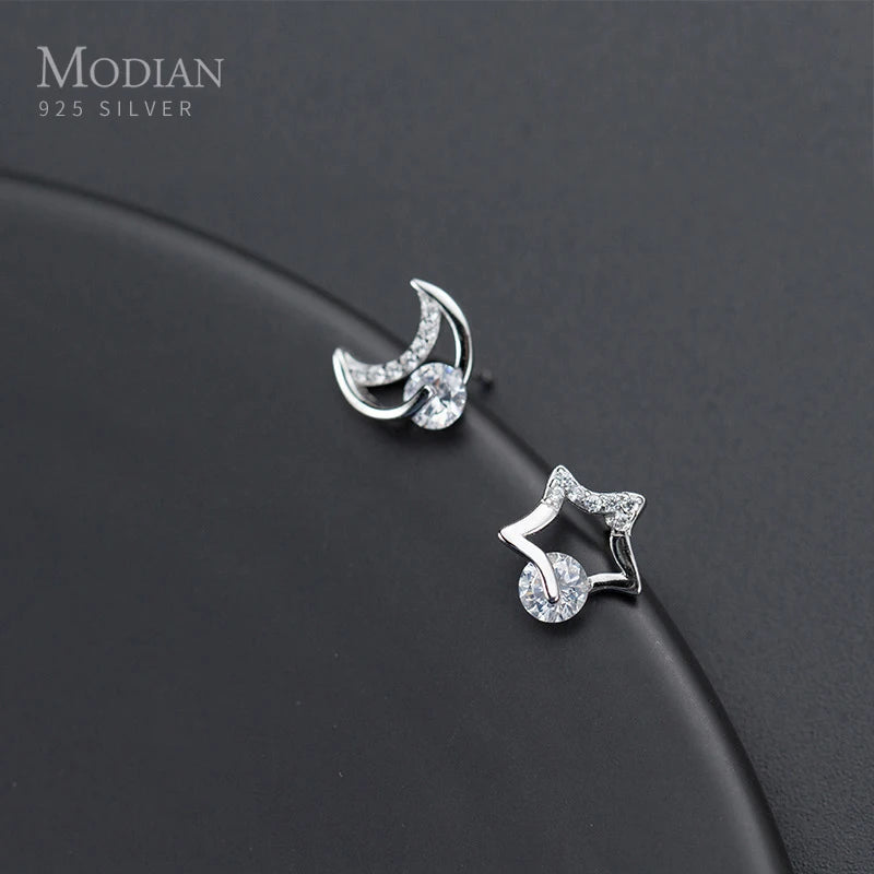 Modian Unique Design Moon And Stars Silver Stud Earrings for Women 925 Sterling Silver Clear CZ Earing Fine Jewelry Accessories