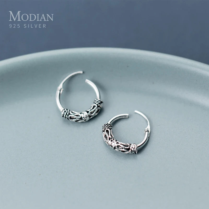 Modian Vintage Pattern Silver Hoop Earrings for Women Trendy Authentic 925 Sterling Silver Hoops Female Mode Bijoux Brincos