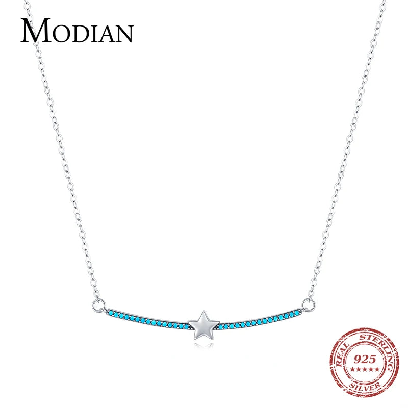 Modian Vintage Stars Elegant Link Chain Necklace 100% 925 Sterling Silver Turquoise Pendant For Women Christmas Gift Jewelry