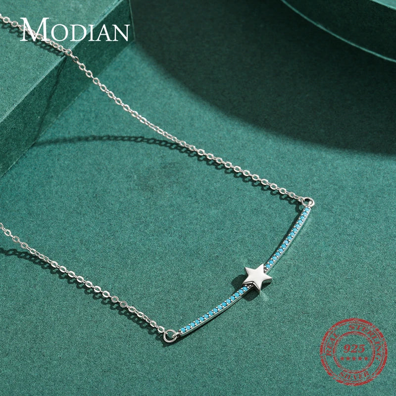 Modian Vintage Stars Elegant Link Chain Necklace 100% 925 Sterling Silver Turquoise Pendant For Women Christmas Gift Jewelry