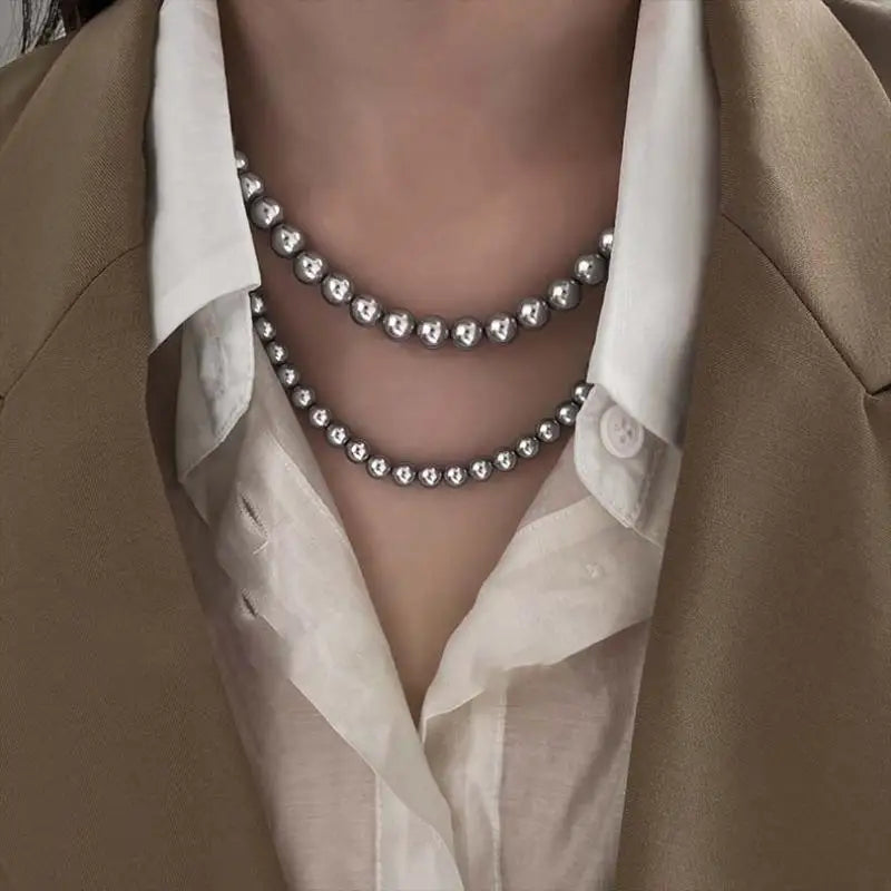 Multi-Layer Grey Imitation Pearl Necklace Bead Chain for Women Men Trend Elegant Long Tassel Necklace Charm Banquet Jewelry