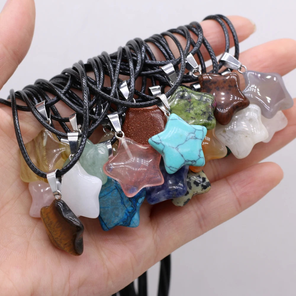 Natural Five-pointed Star Shape Agates Tiger Eye Clear Quartzs Stone Pendant Necklace for Women Jewelry Gifts 40cm