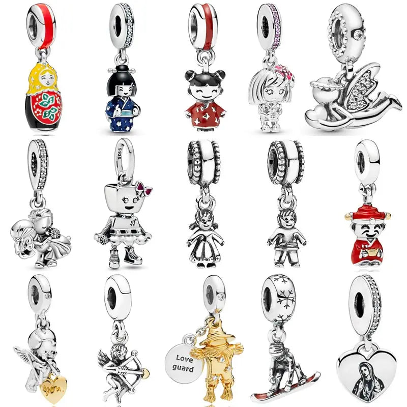 925 Sterling Silver Charm Japanese Doll Boy & Girl Married Couple Pendant Bead Fit Popular Bracelet DIY Jewelry