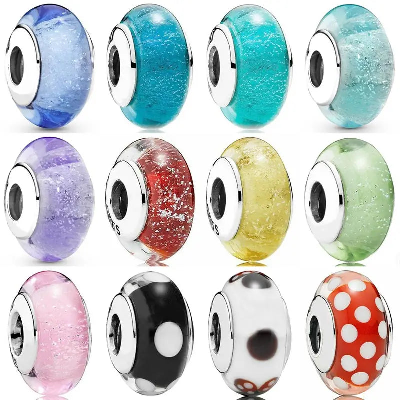 925 Sterling Silver Charm Multicolor Shimmering Radiant White Beaded Murano Glass Bead Fit Popular Bracelet Diy Jewelry