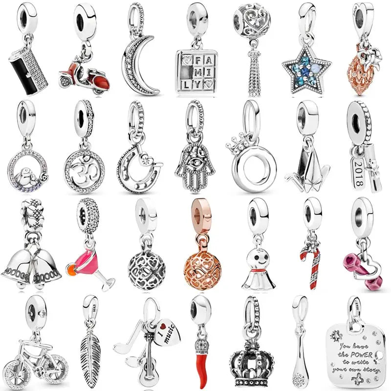 925 Sterling Silver Charm Scooter Bicycle Crown Moon Clutch Bag Heart Tassel Pendant Bead Fit Popular Bracelet DIY Jewelry