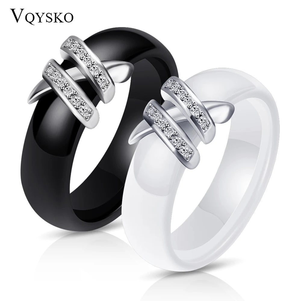 6mm  Black And White Simple Style Two Line Crystal Ziron Ceramic Rings For Women  Jewelry Gift