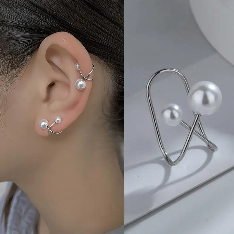 New Big Small Pearl Earrings Ear Clip with No Ear Holes Geometric U-Shaped Cross No Piercing Fake Cartilage Earrings for Women