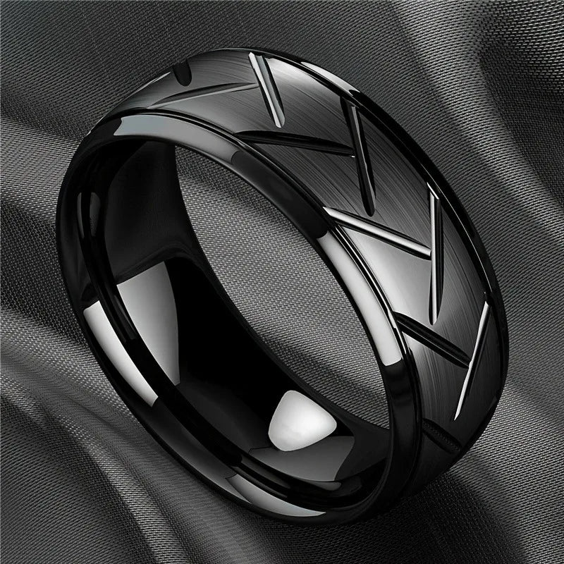 Black 8mm Groove Beveled Stainless Steel Ring for Men Women  Delicate Titanium Steel Rings Men's Jewelry Party Gifts