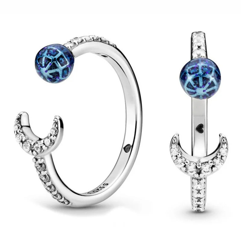 Blue Earth And Moon With Crystal Open Ring For 925 Sterling Silver Ring Women Party Gift Europe DIY Jewelry