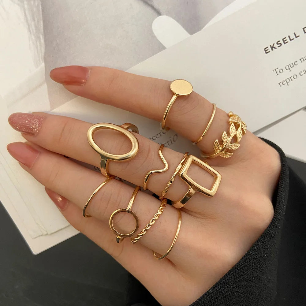 Creative Geometric Leaf Wave Hollow Ring Set 11 Pcs for Women Men Simple Knuckle Ring Charm Wedding Party Jewelry