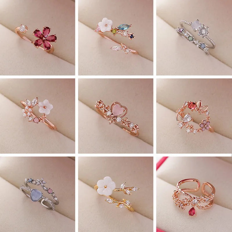 Crystal Zircon Rings Sweet Flower Leaf Butterfly Adjustable Open Rings Female Wedding Engagement Jewelry Gift