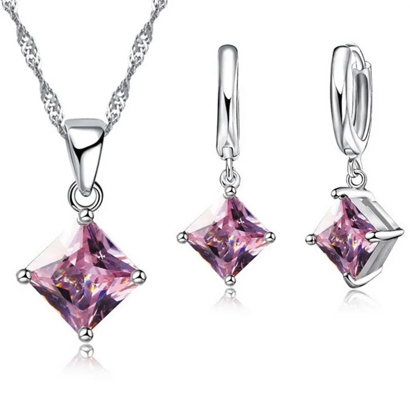 Women Pendants Necklace Simple Geometry Square Earrings Crystal 925 Sterling Silver Color Jewelry Sets for Wedding