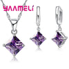 Women Pendants Necklace Simple Geometry Square Earrings Crystal 925 Sterling Silver Color Jewelry Sets for Wedding