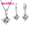 Women Pendants Necklace Simple Geometry Square Earrings Crystal 925 Sterling Silver Color Jewelry Sets for Wedding