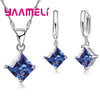 Women Pendants Necklace Simple Geometry Square Earrings Crystal 925 Sterling Silver Color Jewelry Sets for Wedding