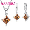 Women Pendants Necklace Simple Geometry Square Earrings Crystal 925 Sterling Silver Color Jewelry Sets for Wedding