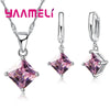 Women Pendants Necklace Simple Geometry Square Earrings Crystal 925 Sterling Silver Color Jewelry Sets for Wedding