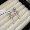 New French Elegant Tassel Bow Grey Pearl Earrings for Korean Rhinestone Earrings Jewelry Party Women's Sweet Accessories