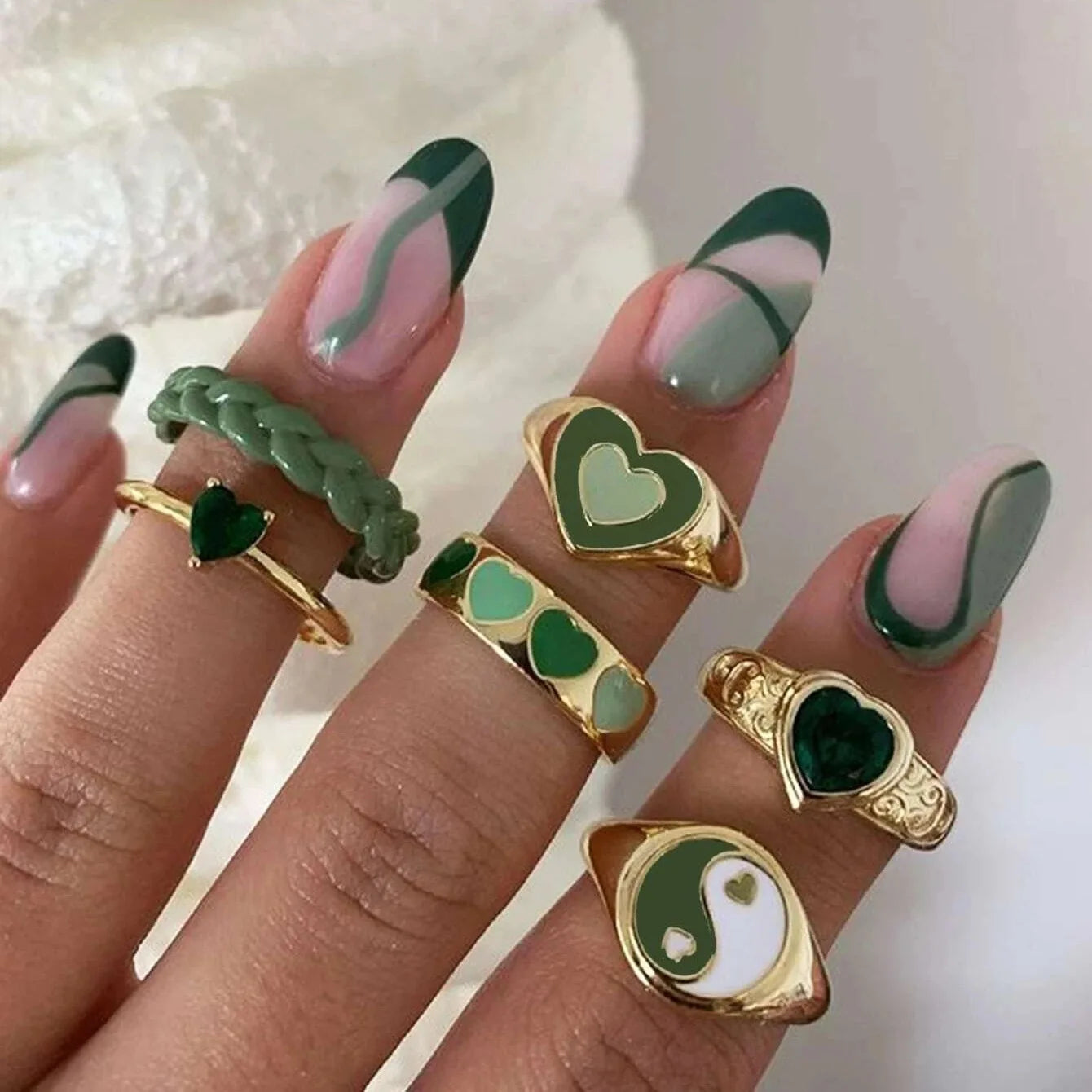 Green Crystal Heart Kunckle Rings Set For Women Enamel Yin Yang Geometric Finger Ring Girls  Jewelry