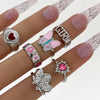 Green Crystal Heart Kunckle Rings Set For Women Enamel Yin Yang Geometric Finger Ring Girls  Jewelry