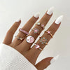 Green Crystal Heart Kunckle Rings Set For Women Enamel Yin Yang Geometric Finger Ring Girls  Jewelry
