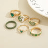 Green Crystal Heart Kunckle Rings Set For Women Enamel Yin Yang Geometric Finger Ring Girls  Jewelry