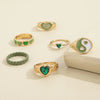 Green Crystal Heart Kunckle Rings Set For Women Enamel Yin Yang Geometric Finger Ring Girls  Jewelry