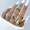 Green Crystal Heart Kunckle Rings Set For Women Enamel Yin Yang Geometric Finger Ring Girls  Jewelry