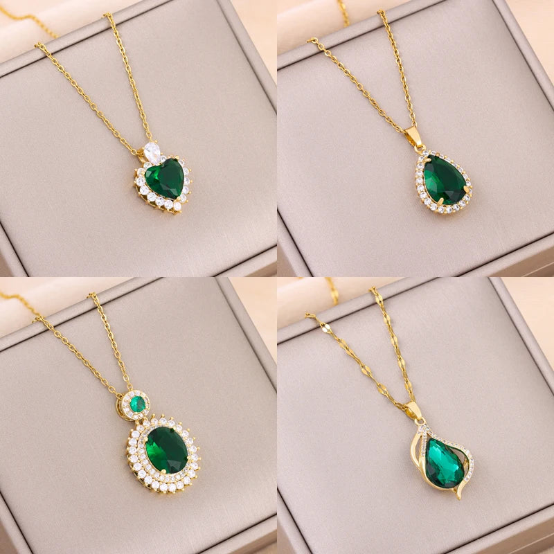 In  Green Zircon Crystal Pendant Stainless Steel Necklaces For Women Trendy Retro Style Female Clavicle Chain Jewelry