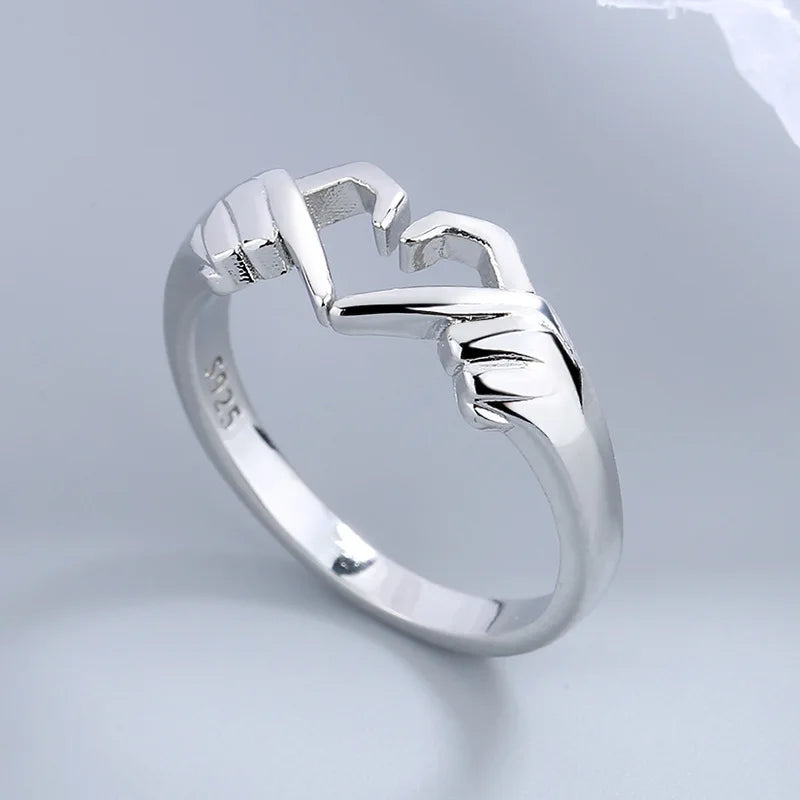 Romantic Love Hand with Heart Shaped Ring Creative Couple Silver Color Adjustable Open Rings Personality Party Jewelry Gift