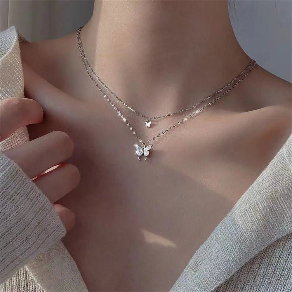 Shiny Butterfly Necklace Ladies Exquisite Double Layer Clavicle Chain Necklace Jewelry for Ladies Gift
