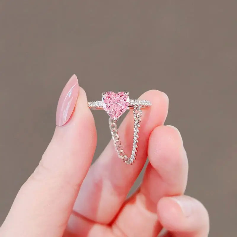 New Trendy Elegant Pink Zircon Rings for Women Engagement Design Opening Love Heart Chain Rings Female Wedding Jewelry