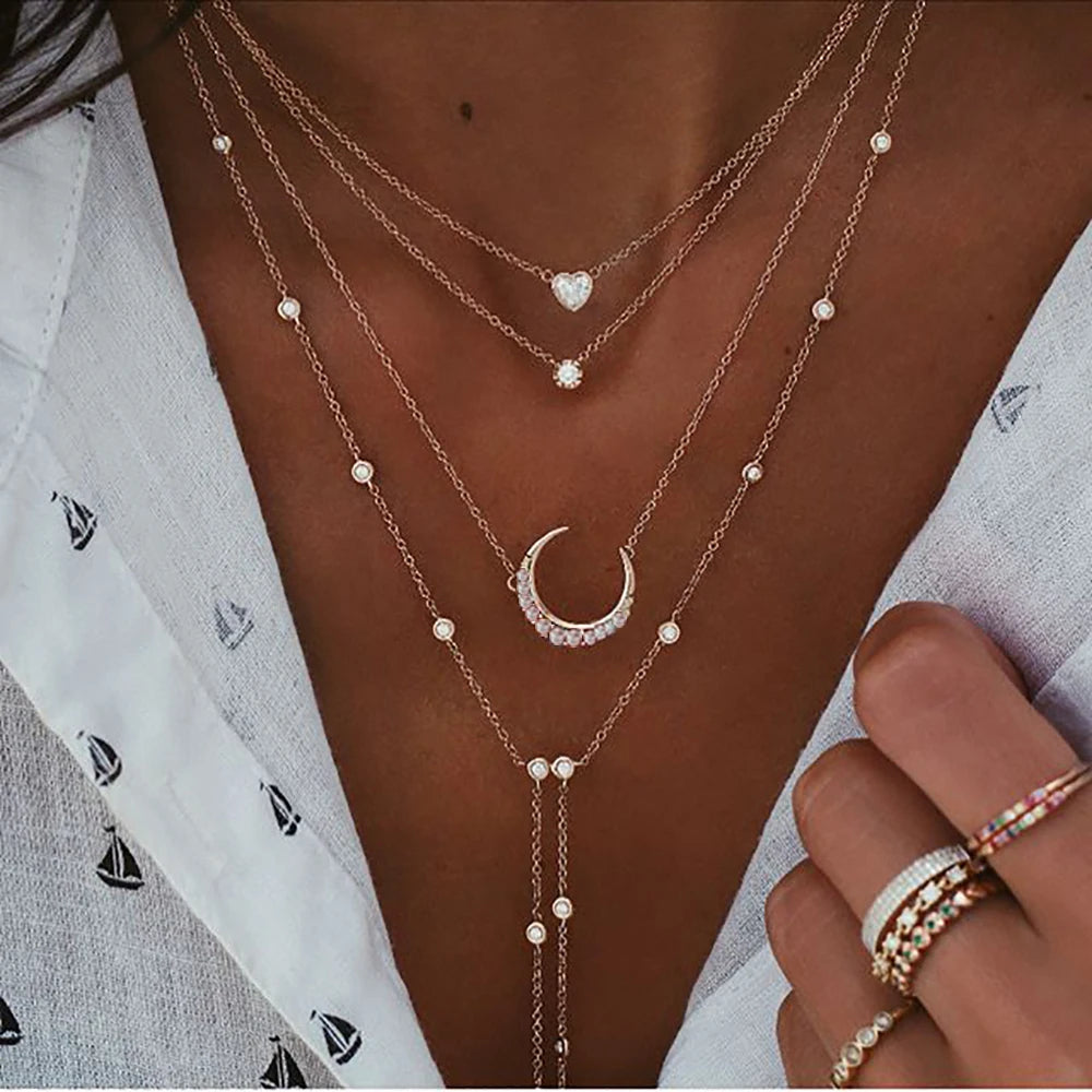 Vintage Crystal Geometry Star Moon Lock Necklace For Women 2020 Boho Multi-level Pendants Necklaces Chokers Jewelry Gift